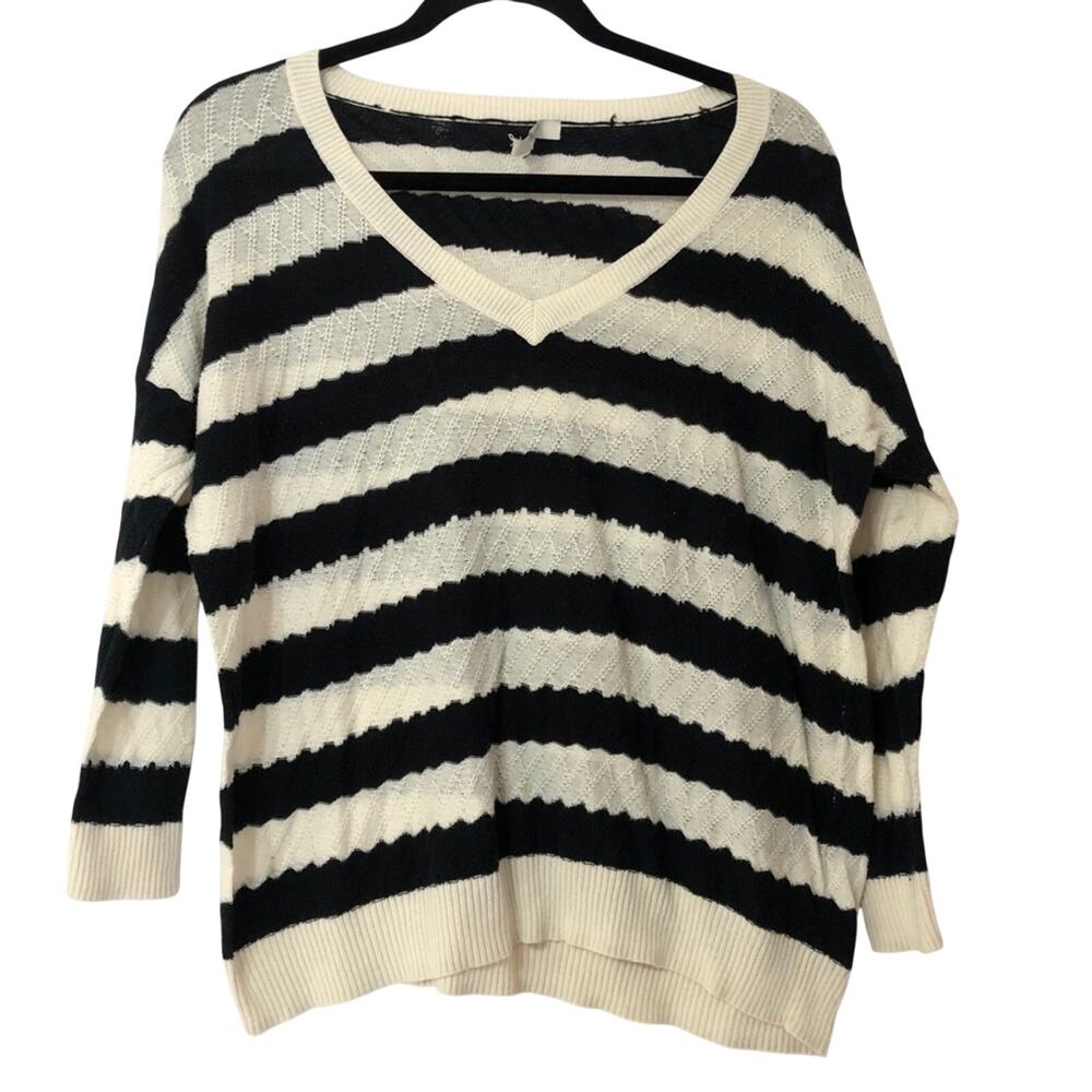 MADEWELL Striped White Black Knit V-Neck Sweater Womens XS Slouchy Oversized